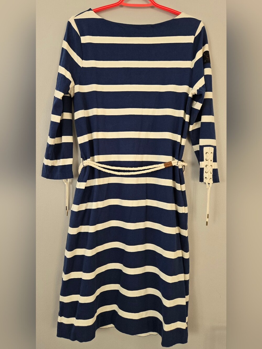Lauren Ralph Lauren Dress Size S Navy Blue Cream Stripe Belted Pockets Nautical